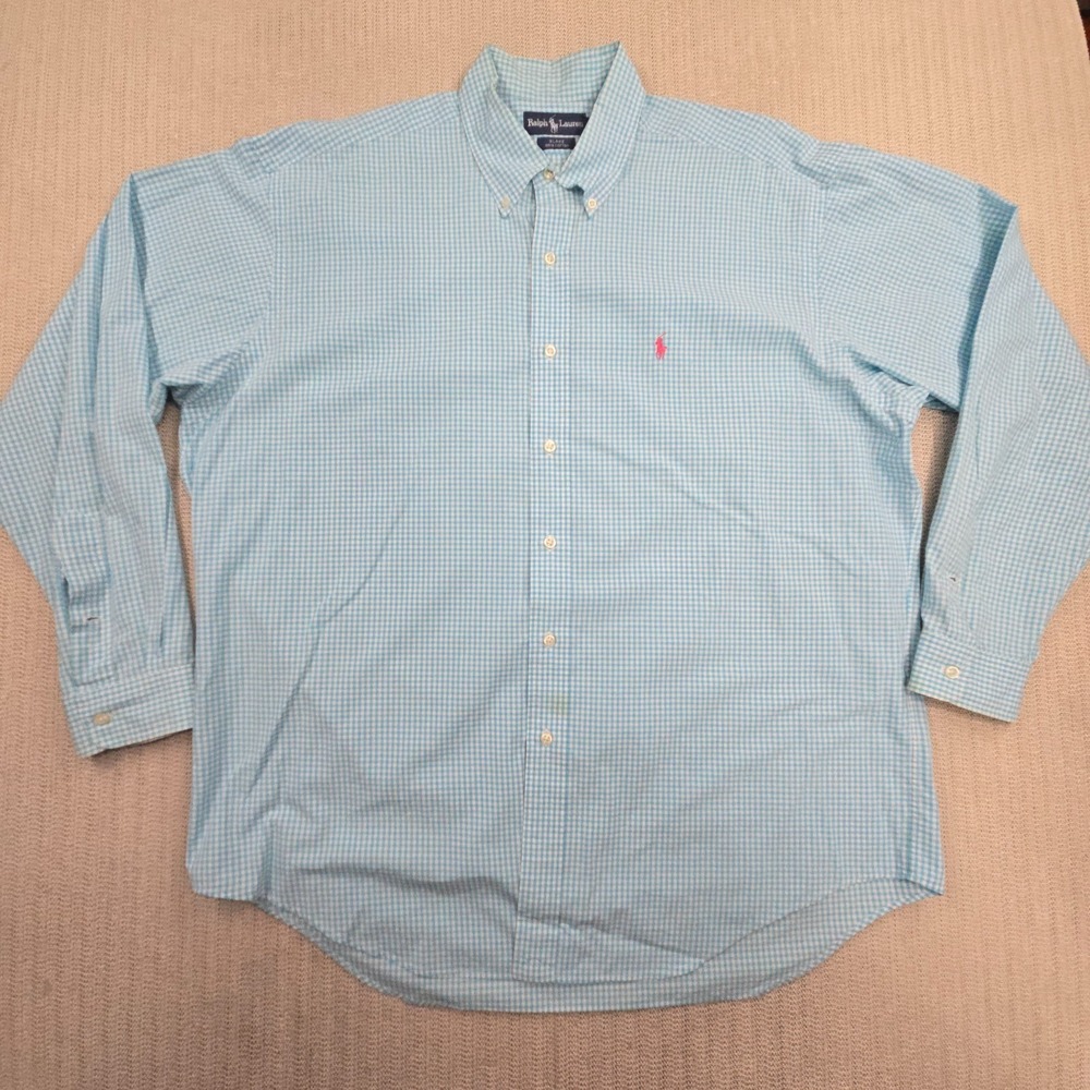 Polo Ralph Lauren Shirt Mens XL White Blue Gingham Check Pink Pony‎ Long Sleeve